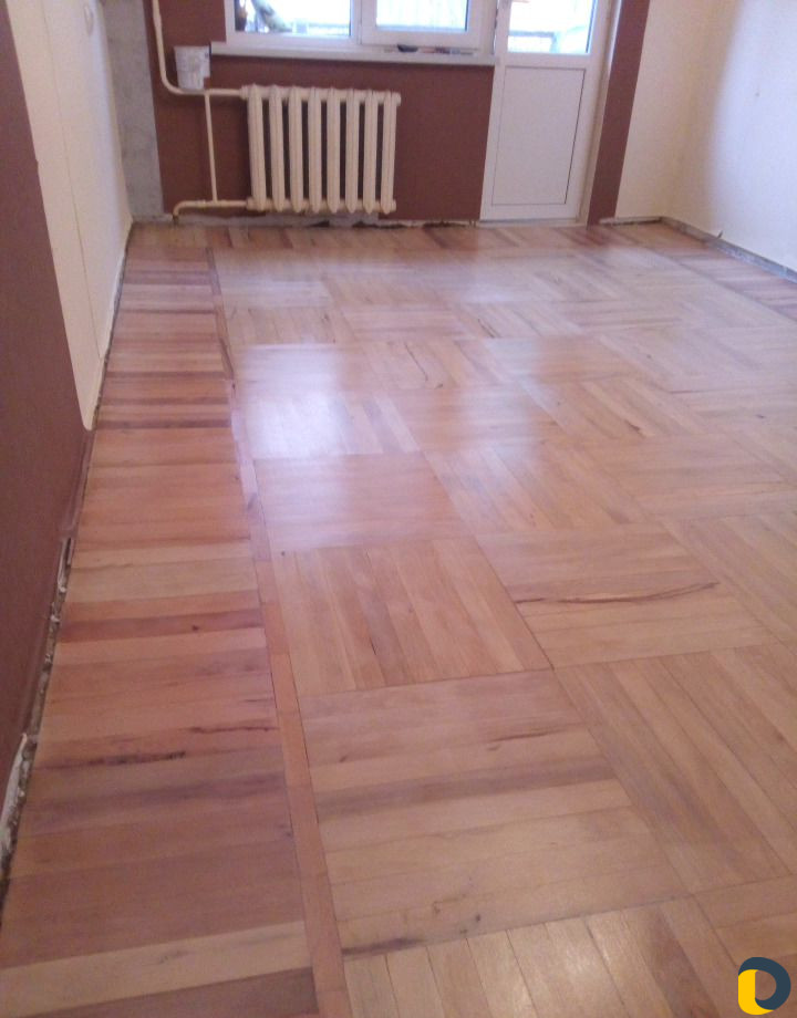 Циклёвка паркета+шпатлевание щелей+3 слоя лака