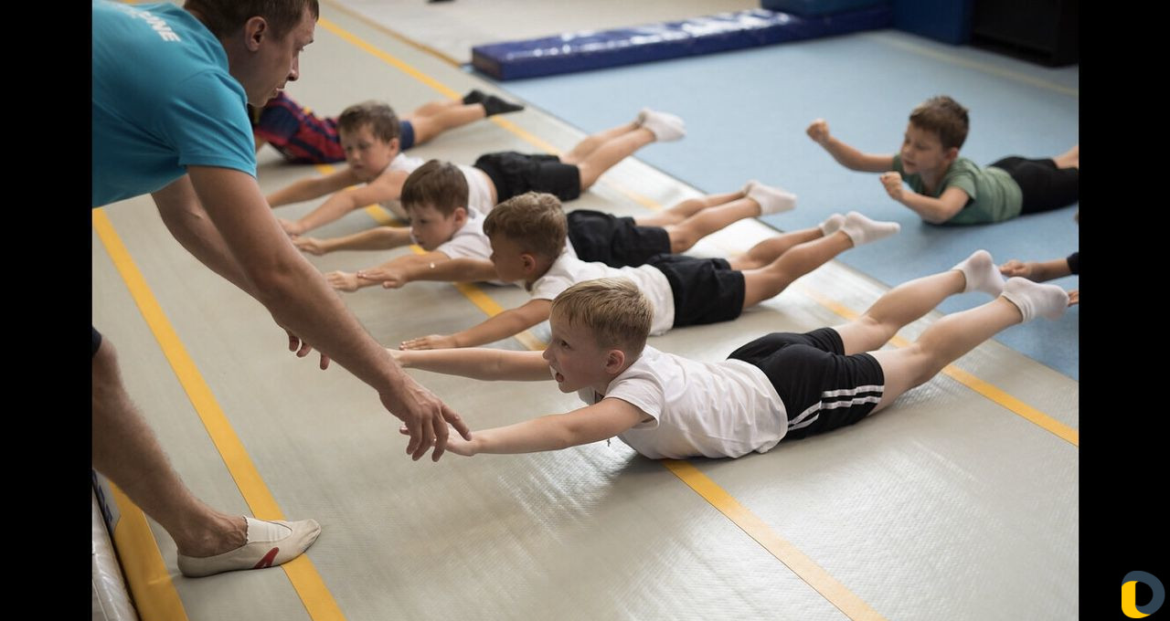 Тренировки по спортивной гимнастике, акробатике, б
